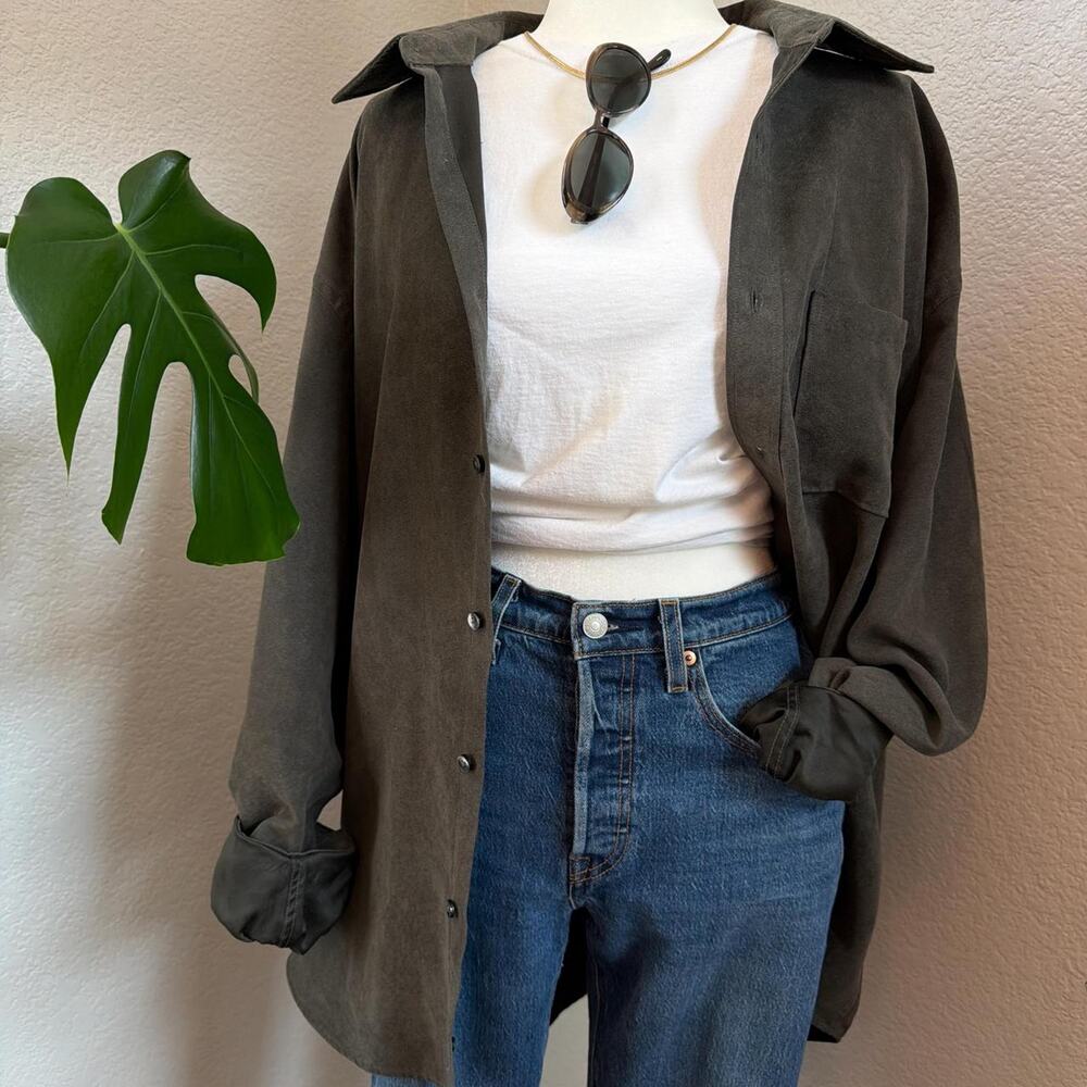Olive Faux Suede Button Up Shirt